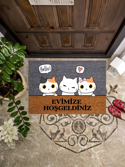 Evimize Hoşgeldiniz Kedi Figürlü Hello Kapı Önü Paspası 45x65