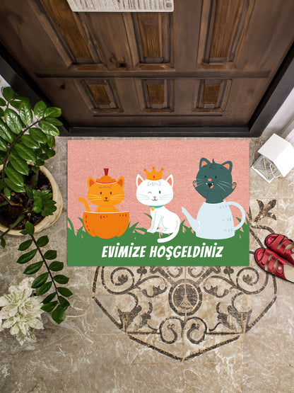 Evimize Hoşgeldiniz Kedi Figürlü Kapı Önü Paspası 45x65